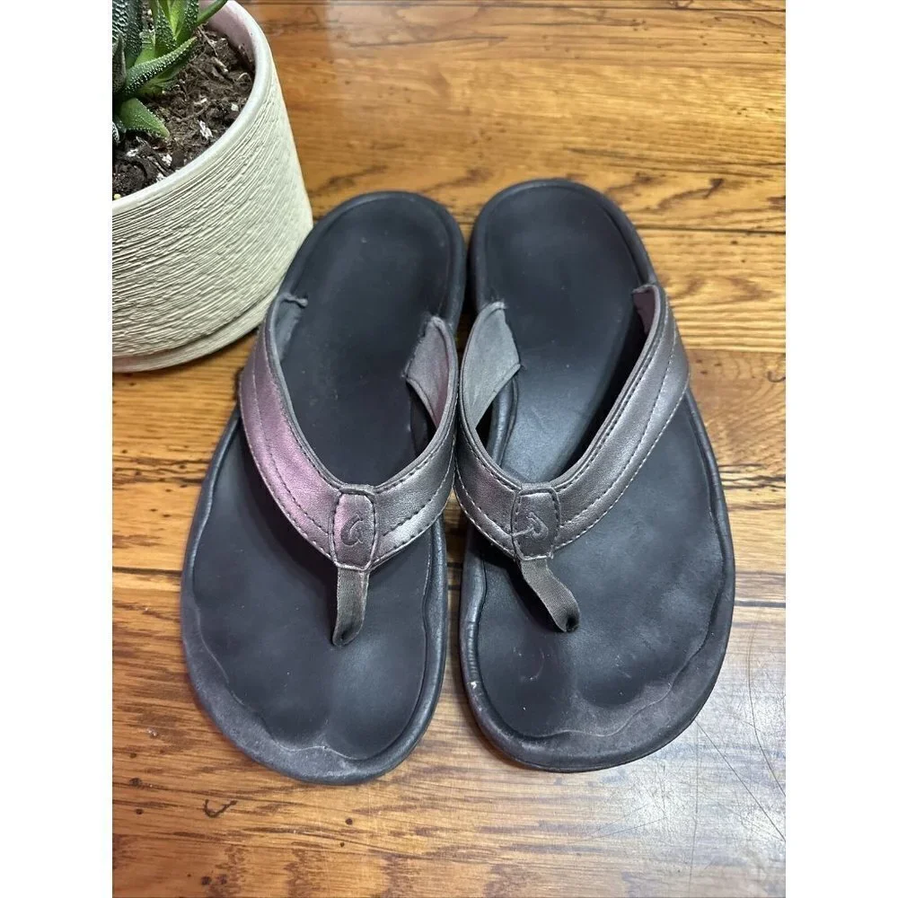 Olukai Size 6.5 M Silver Flip Flop Leather Men Shoes